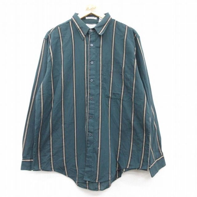 XL★古着 長袖 シャツ メンズ 00年代 00s ロング丈 緑他 グリーン ストライプ 25feb15 中古 トップス