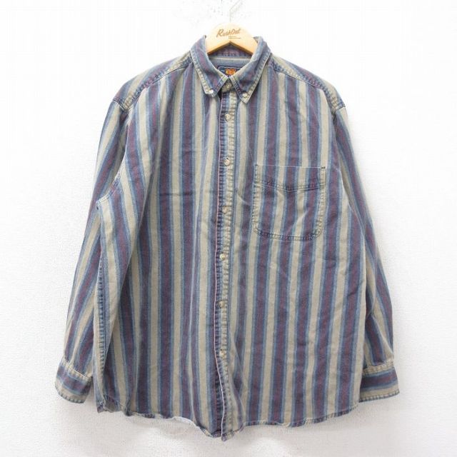 XL★古着 ルート66 長袖 シャツ メンズ 00年代 00s 大きいサイズ コットン ボタンダウン 紺他 ネイビー ストライプ 25feb15 中古 トップス