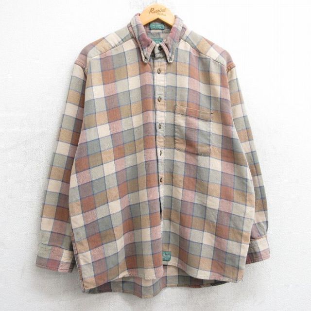XL★古着 長袖 シャツ メンズ 90年代 90s コットン ボタンダウン ベージュ他 カーキ チェック 25feb17 中古 トップス