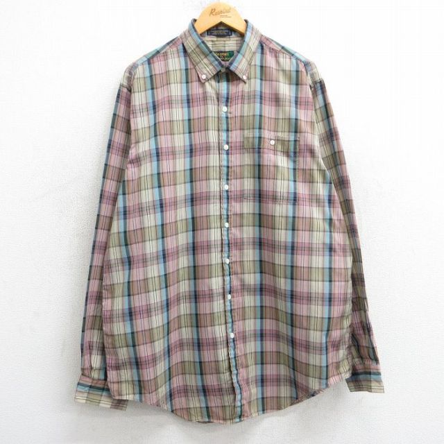 XL★古着 長袖 シャツ メンズ 00年代 00s ロング丈 ボタンダウン ベージュ系他 カーキ チェック 25feb17 中古 トップス