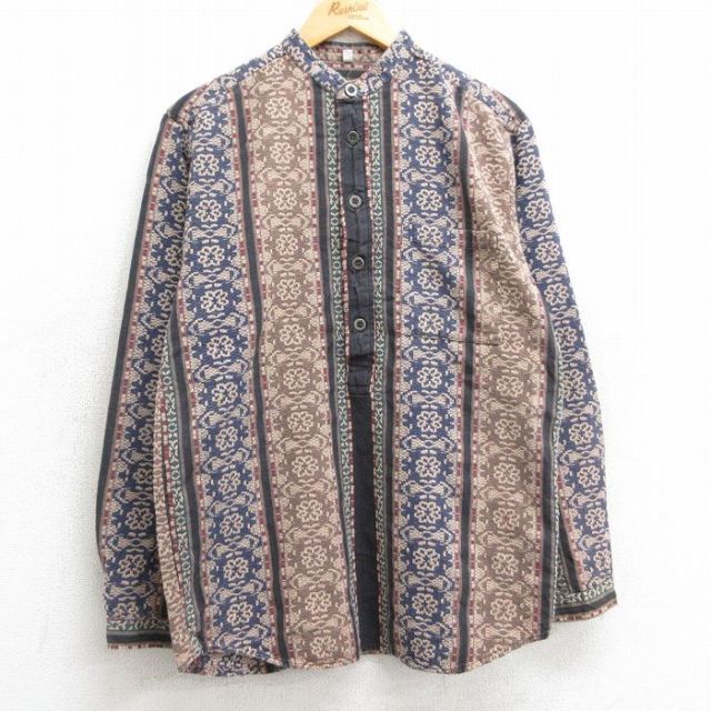 M★古着 長袖 シャツ メンズ 90年代 90s コットン ノーカラー USA製 茶他 ブラウン 25feb17 中古 トップス