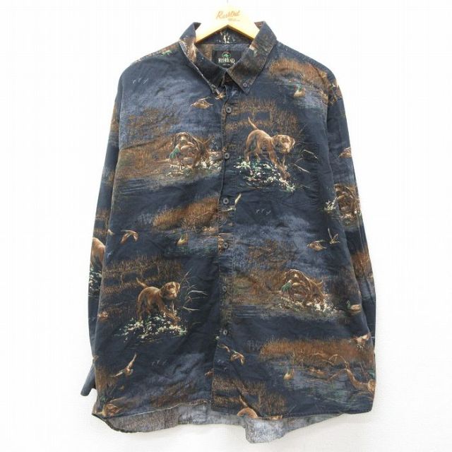 XL★古着 レッドヘッド 長袖 シャツ メンズ 犬 鳥 大きいサイズ コットン ボタンダウン 濃紺他 ネイビー 【spe】 25feb17 中古 トップス