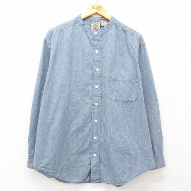 XL★古着 長袖 シャツ メンズ 90年代 90s コットン ノーカラー 薄紺 ネイビー 25feb17 中古 トップス