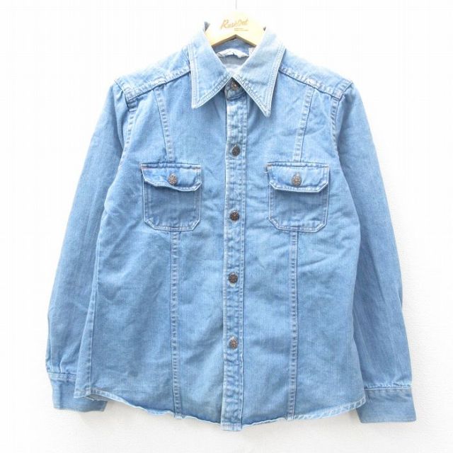 M★古着 長袖 シャツ メンズ 80年代 80s コットン 紺 ネイビー デニム 25feb21 中古 トップス