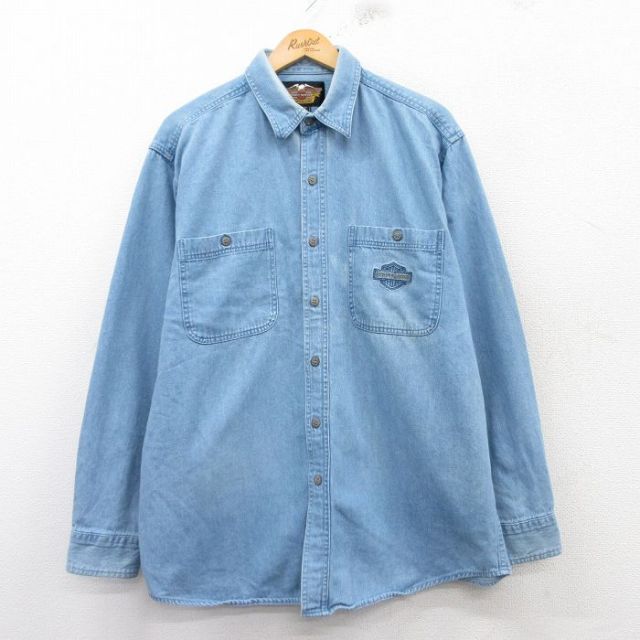 XL★古着 ハーレーダビッドソンハート 長袖 シャツ メンズ ワンポイントロゴ 大きいサイズ コットン 薄紺 ネイビー デニム 【spe】 25feb21 中古 トップス
