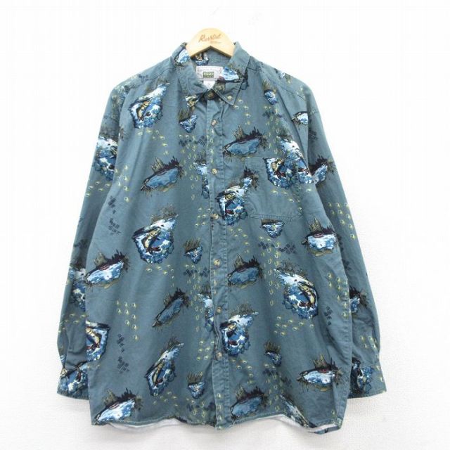 XL★古着 長袖 シャツ メンズ 00年代 00s 魚 ロング丈 コットン ボタンダウン 紺他 ネイビー 25feb22 中古 トップス