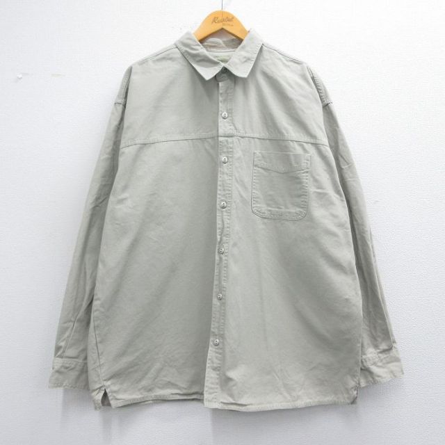 XL★古着 長袖 シャツ メンズ 大きいサイズ ロング丈 コットン ベージュ系 カーキ 25feb22 中古 トップス