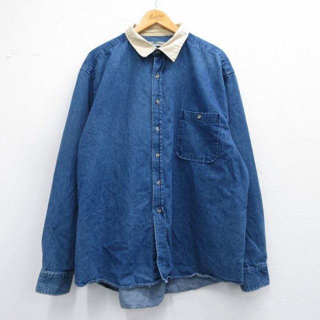 XL★古着 長袖 シャツ メンズ 大きいサイズ コットン 紺他 ネイビー デニム 【spe】 25feb22 中古 トップス