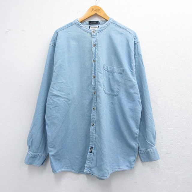 XL★古着 リー Lee 長袖 シャツ メンズ 00年代 00s 大きいサイズ ロング丈 ノーカラー 紺 ネイビー デニム 25feb22 中古 トップス
