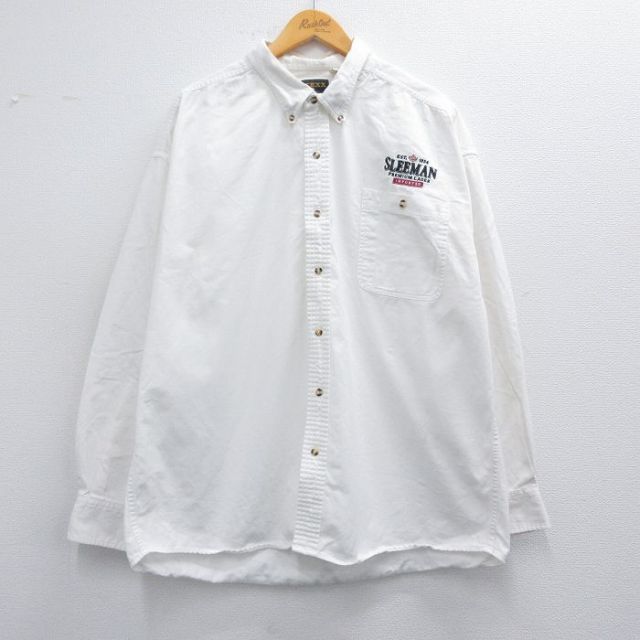 XL★古着 長袖 シャツ メンズ SLEEMAN ビール 大きいサイズ コットン ボタンダウン 白 ホワイト デニム 25feb22 中古 トップス
