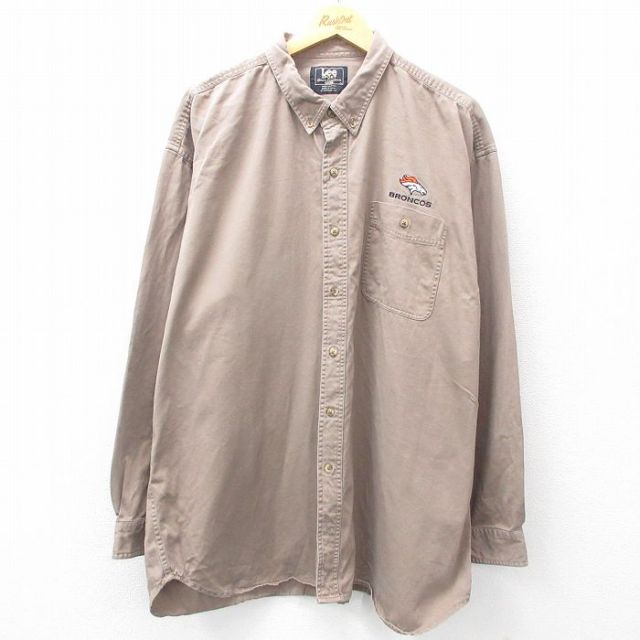 XL★古着 リー Lee 長袖 シャツ メンズ 00年代 00s NFL デンバーブロンコス 大きいサイズ ロング丈 コットン ボタンダウン ベージュ カーキ アメフト スーパーボウル 【spe】 25feb25 中古 トップス