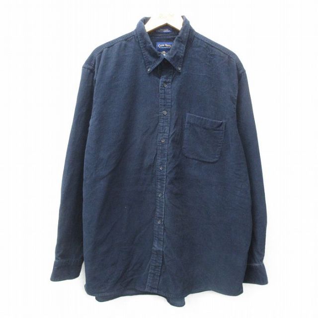 【50%OFF】XL★古着 長袖 シャツ メンズ コーデュロイ ロング丈 コットン ボタンダウン 濃紺 ネイビー 25feb25 中古 トップス