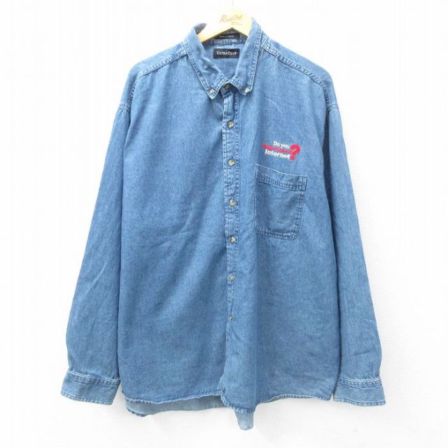 【50%OFF】XL★古着 長袖 シャツ メンズ High Speed 大きいサイズ ロング丈 コットン ボタンダウン 紺 ネイビー デニム 25feb25 中古 トップス