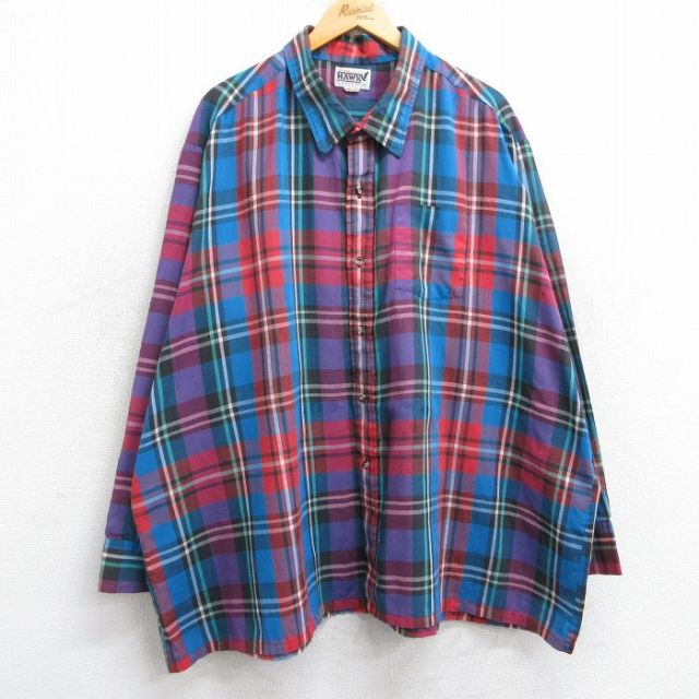 XL★古着 長袖 シャツ メンズ 80年代 80s ロング丈 大きいサイズ USA製 青他 ブルー チェック 25feb26 中古 トップス
