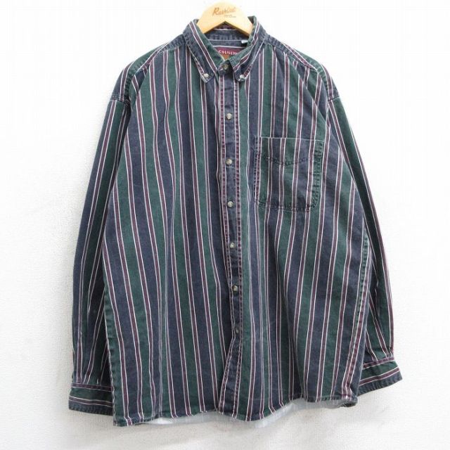 【20%OFF】XL★古着 長袖 シャツ メンズ 90年代 90s ロング丈 大きいサイズ コットン ボタンダウン 緑他 グリーン ストライプ 25feb26 中古 トップス