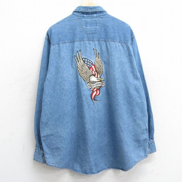 XL★古着 ハーレーダビッドソン Harley Davidson 長袖 シャツ メンズ 鳥 刺繍 大きいサイズ コットン 紺 ネイビー デニム 【spe】 25feb26 中古 トップス