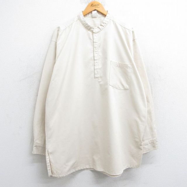 XL★古着 長袖 シャツ メンズ 90年代 90s 大きいサイズ ロング丈 コットン ノーカラー 生成り 25feb26 中古 トップス