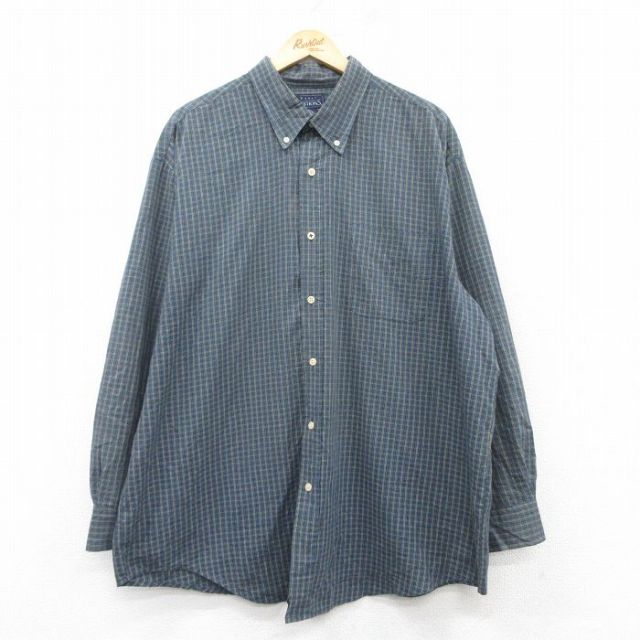 XL★古着 ベーシックエディションズ 長袖 シャツ メンズ 00年代 00s 大きいサイズ ロング丈 ボタンダウン 紺他 ネイビー チェック 25feb26 中古 トップス