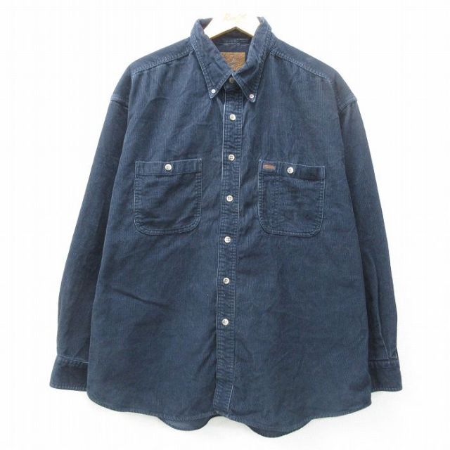 XL★古着 セントジョンズベイ 長袖 シャツ メンズ コーデュロイ 大きいサイズ ロング丈 コットン ボタンダウン 紺 ネイビー 25feb26 中古 トップス