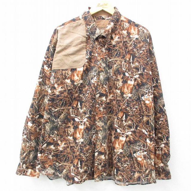 【50%OFF】XL★古着 長袖 シャツ メンズ シカ ヒジ当て 大きいサイズ コットン ボタンダウン 茶他 ブラウン 25feb26 中古 トップス