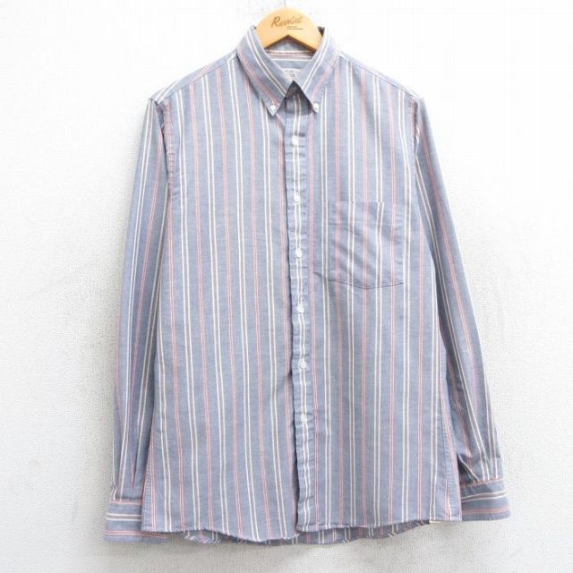 M★古着 アロー 長袖 シャツ メンズ 90年代 90s ボタンダウン USA製 薄紺他 ネイビー ストライプ 25feb26 中古 トップス