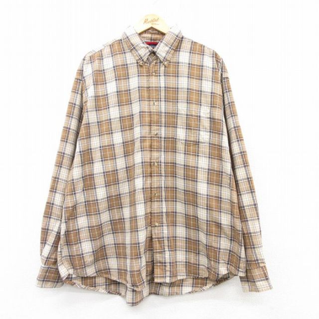 XL★古着 ラングラー Wrangler 長袖 シャツ メンズ 大きいサイズ コットン ボタンダウン 茶他 ブラウン チェック 25feb26 中古 トップス