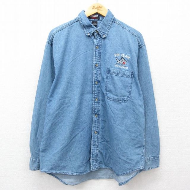 【20%OFF】XL★古着 長袖 シャツ メンズ サメ コットン ボタンダウン 紺 ネイビー デニム 25feb27 中古 トップス