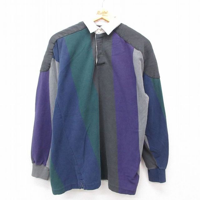 90s 長袖ラガーシャツ ヒジ当て グリーンストライプ M | 古着
