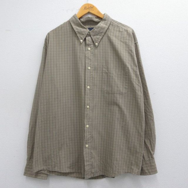 XL★古着 ベーシックエディションズ 長袖 シャツ メンズ 00年代 00s 大きいサイズ ボタンダウン ベージュ系他 カーキ チェック 25feb28 中古 トップス