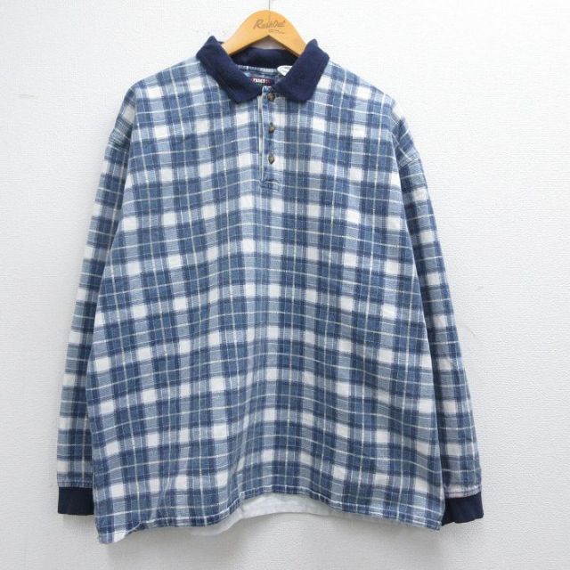 XL★古着 FADED GLORY 長袖 ポロ シャツ メンズ 大きいサイズ コットン 紺他 ネイビー チェック 25feb28 中古 トップス