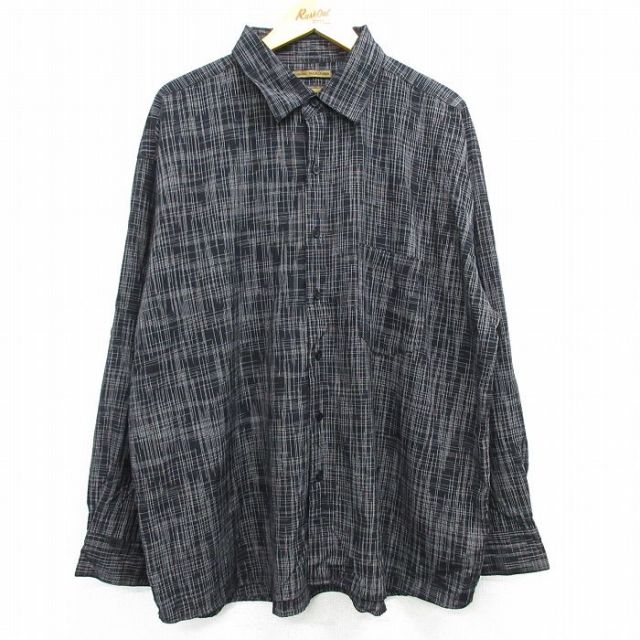XL★古着 長袖 シャツ メンズ 大きいサイズ レーヨン 黒他 ブラック 【spe】 25mar03 中古 トップス
