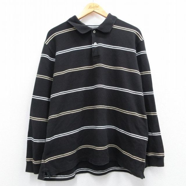 XL★古着 長袖 ポロ シャツ メンズ 鹿の子 コットン 黒他 ブラック ボーダー 25mar04 中古 トップス