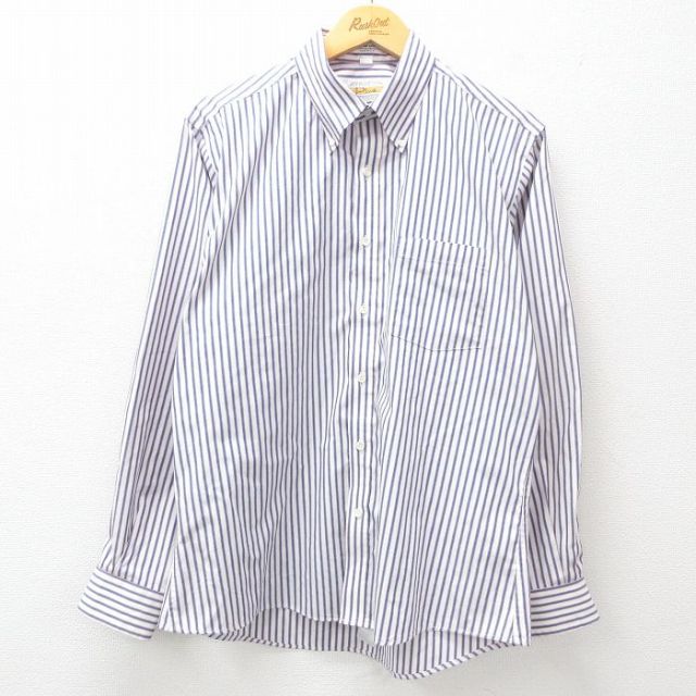L★古着 長袖 シャツ メンズ 90年代 90s オックスフォード ボタンダウン USA製 紺他 ネイビー ストライプ 25mar05 中古 トップス