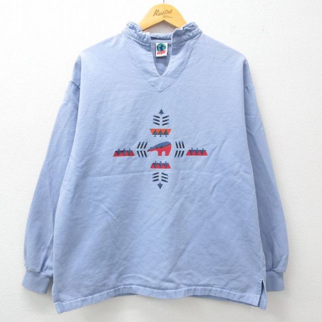 L★古着 WEK 長袖 トップス メンズ 90年代 90s ネイティブ柄 ラグ柄 コットン USA製 薄紺 ネイビー 【spe】 25mar05 中古