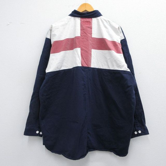 XL★古着 長袖 シャツ メンズ 90年代 90s 赤十字 レッド 大きいサイズ ロング丈 コットン 紺他 ネイビー 【spe】 25mar05 中古 トップス