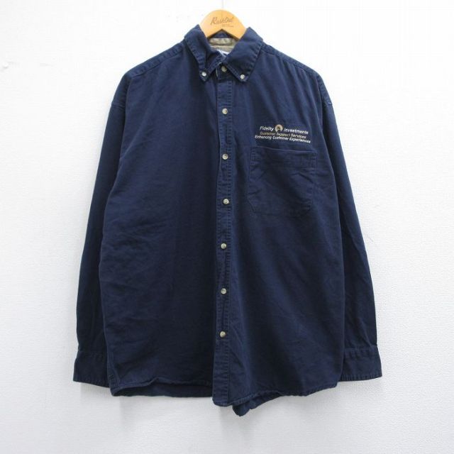 XL★古着 長袖 シャツ メンズ Fidelity コットン ボタンダウン 紺 ネイビー 25mar05 中古 トップス