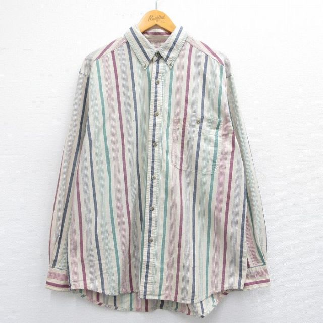 L★古着 ラングラー Wrangler 長袖 シャツ メンズ 00年代 00s ボタンダウン 薄ベージュ他 カーキ ストライプ 25mar05 中古 トップス