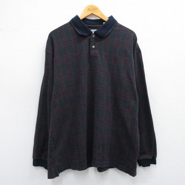 XL★古着 長袖 ポロ シャツ メンズ 黒他 ブラック チェック 25mar05 中古 トップス