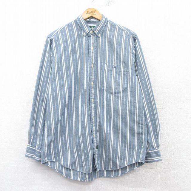 L★古着 長袖 シャツ メンズ 90年代 90s コットン ボタンダウン 薄紺他 ネイビー ストライプ 25mar06 中古 トップス