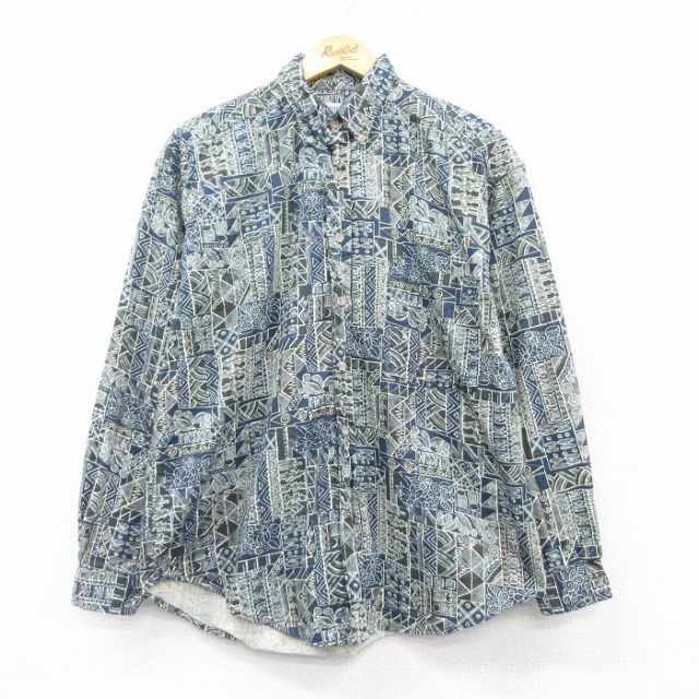 L★古着 長袖 シャツ メンズ 00年代 00s コットン ボタンダウン 紺他 ネイビー 25mar06 中古 トップス