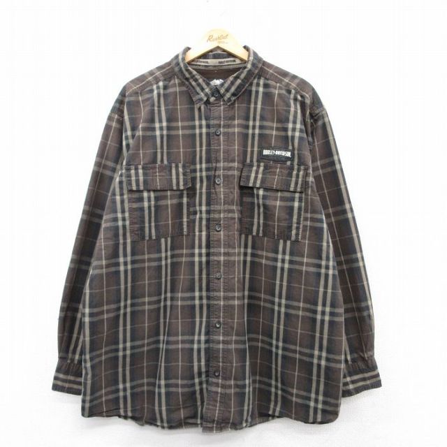 XL★古着 ハーレーダビッドソン Harley Davidson 長袖 シャツ メンズ 大きいサイズ ロング丈 コットン 茶他 ブラウン チェック 25mar06 中古 トップス