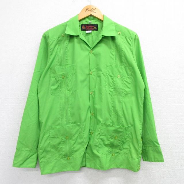 M★古着 長袖 キューバ シャツ メンズ 90年代 90s 開襟 オープンカラー 緑 グリーン 25mar08 中古 トップス