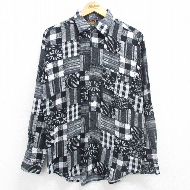 L★古着 長袖 シャツ メンズ レーヨン 黒他 ブラック 25mar08 中古 トップス