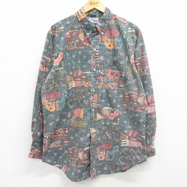 XL★古着 レインスプーナー REYN SPOONER 長袖 シャツ メンズ 90年代 90s 鳥 ロング丈 ボタンダウン 緑系他 グリーン 【spe】 25mar08 中古 トップス