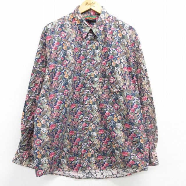 XL★古着 長袖 シャツ メンズ 90年代 90s 花柄 大きいサイズ コットン USA製 紺他 ネイビー 25mar08 中古 トップス