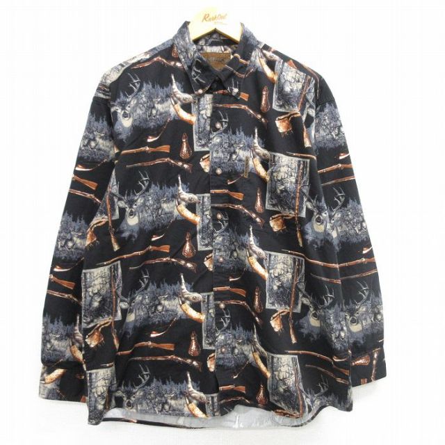XL★古着 長袖 シャツ メンズ シカ 銃 コットン ボタンダウン 黒他 ブラック 25mar08 中古 トップス