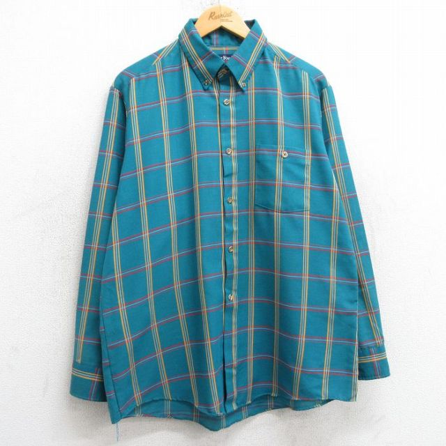 L★古着 長袖 シャツ メンズ 90年代 90s ボタンダウン USA製 青緑他 チェック 25mar10 中古 トップス