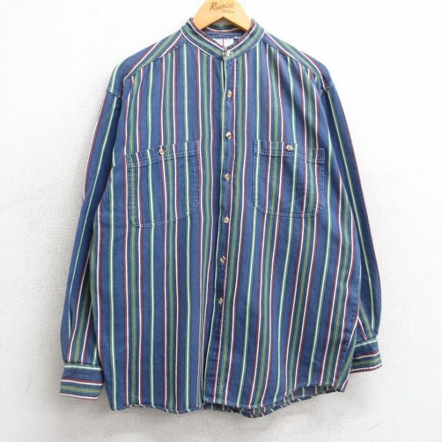 L★古着 長袖 シャツ メンズ 90年代 90s ノーカラー 紺他 ネイビー ストライプ 25mar10 中古 トップス