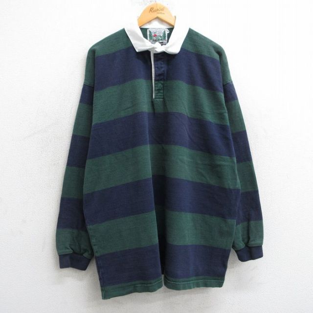 XL★古着 長袖 ラガー シャツ メンズ 90年代 90s 大きいサイズ コットン USA製 紺他 ネイビー ボーダー 【spe】 25mar10 中古 トップス