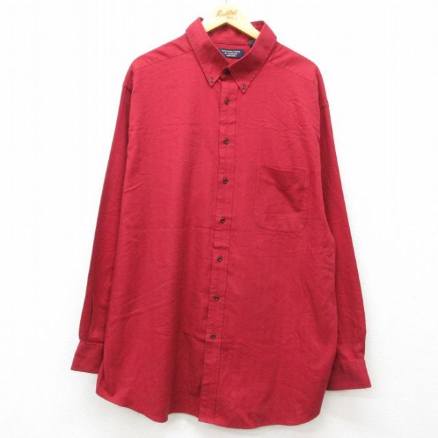 【50%OFF】XL★古着 長袖 シャツ メンズ ヘリンボーン 大きいサイズ ロング丈 ボタンダウン 赤 レッド 25mar11 中古 トップス